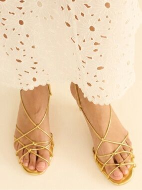 NWT Doen Comporta Knot Strappy Tie Sandals Shoes Brass Foil Leather Gold Yellow